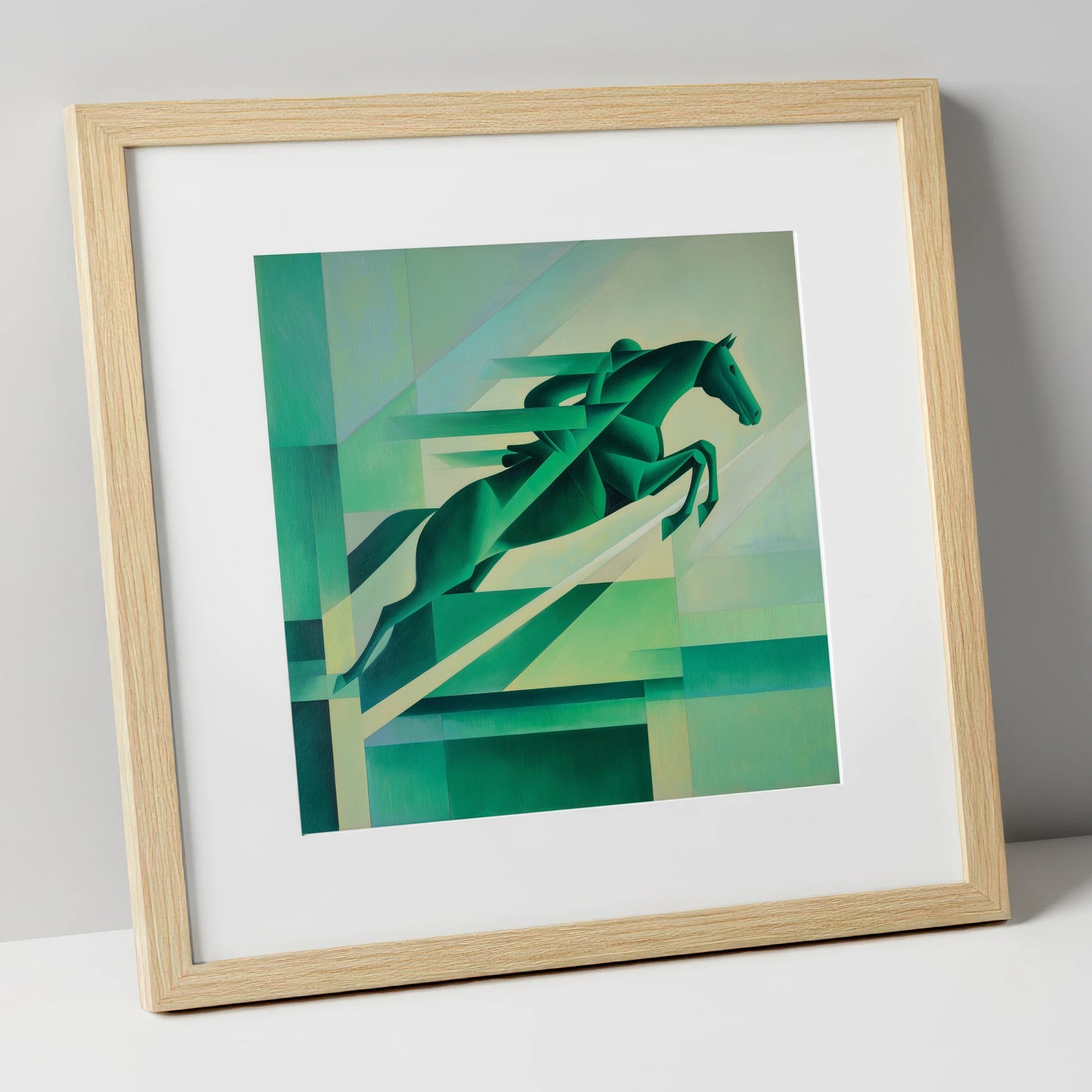 Emerald Momentum show jumping horse art print in natural frame