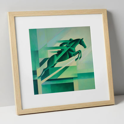 Emerald Momentum show jumping horse art print in natural frame