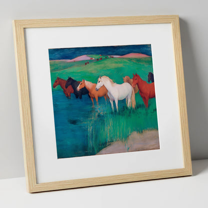 The Emerald Shallows wild horses art print in natural frame