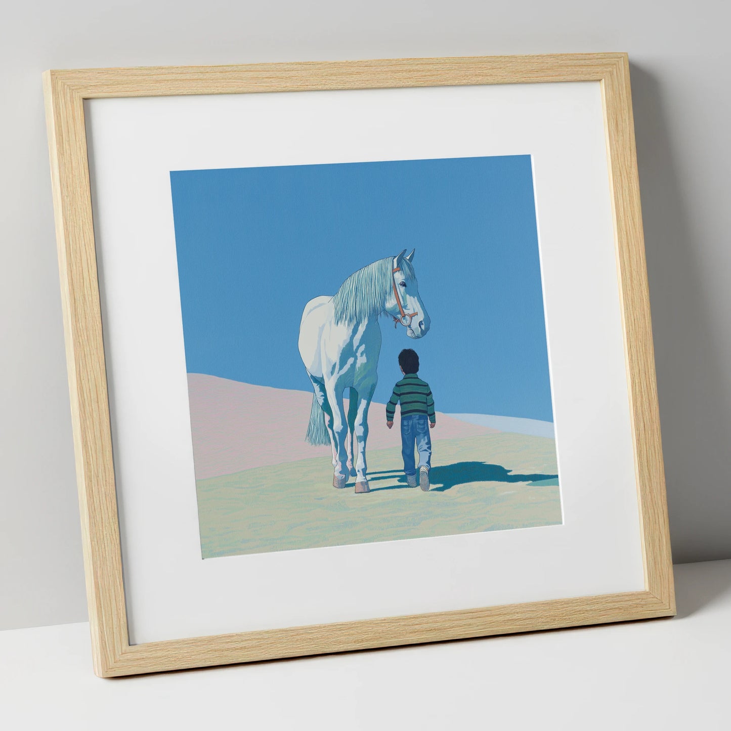 The Quiet Companion horse & rider art print in natural frame