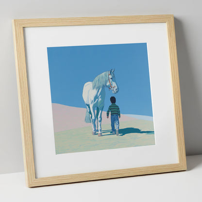 The Quiet Companion horse & rider art print in natural frame