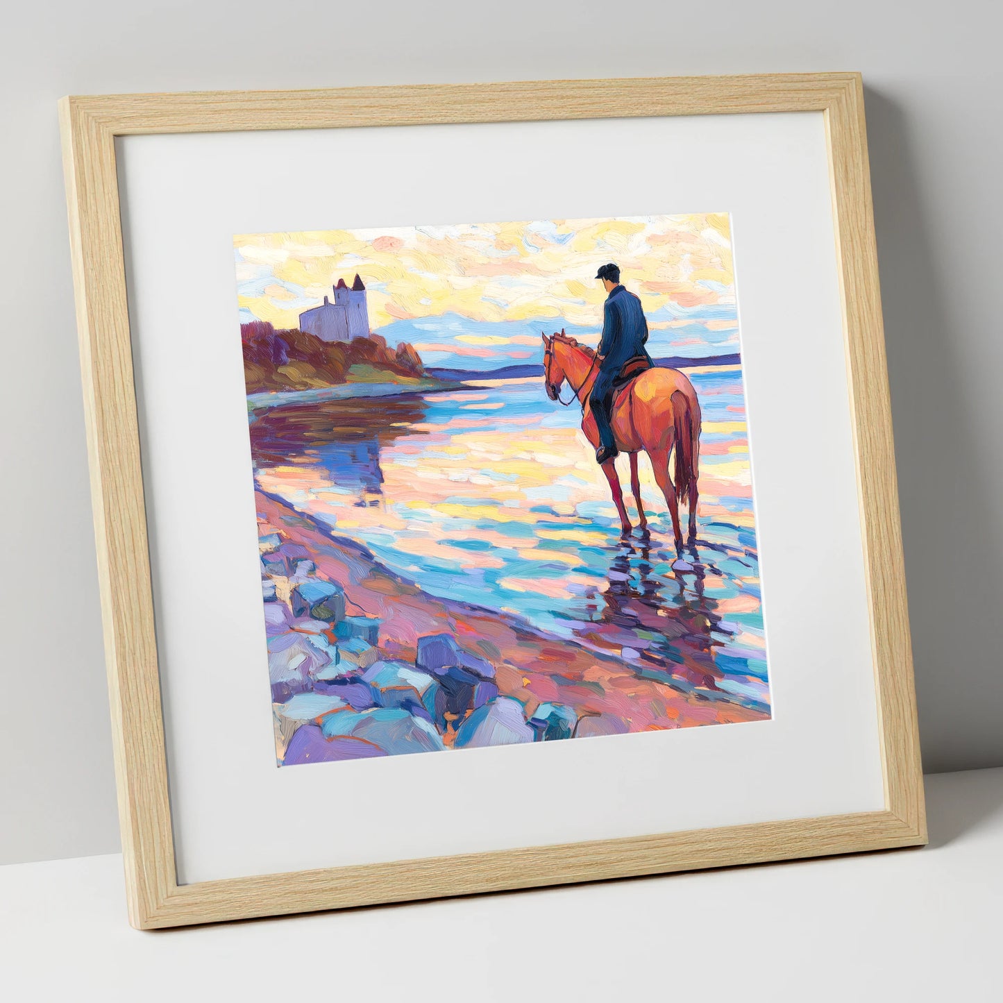 Rider at Castle Bay beach horse art print in natural frame