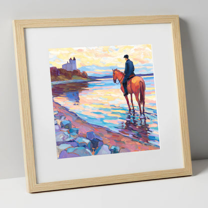 Rider at Castle Bay beach horse art print in natural frame