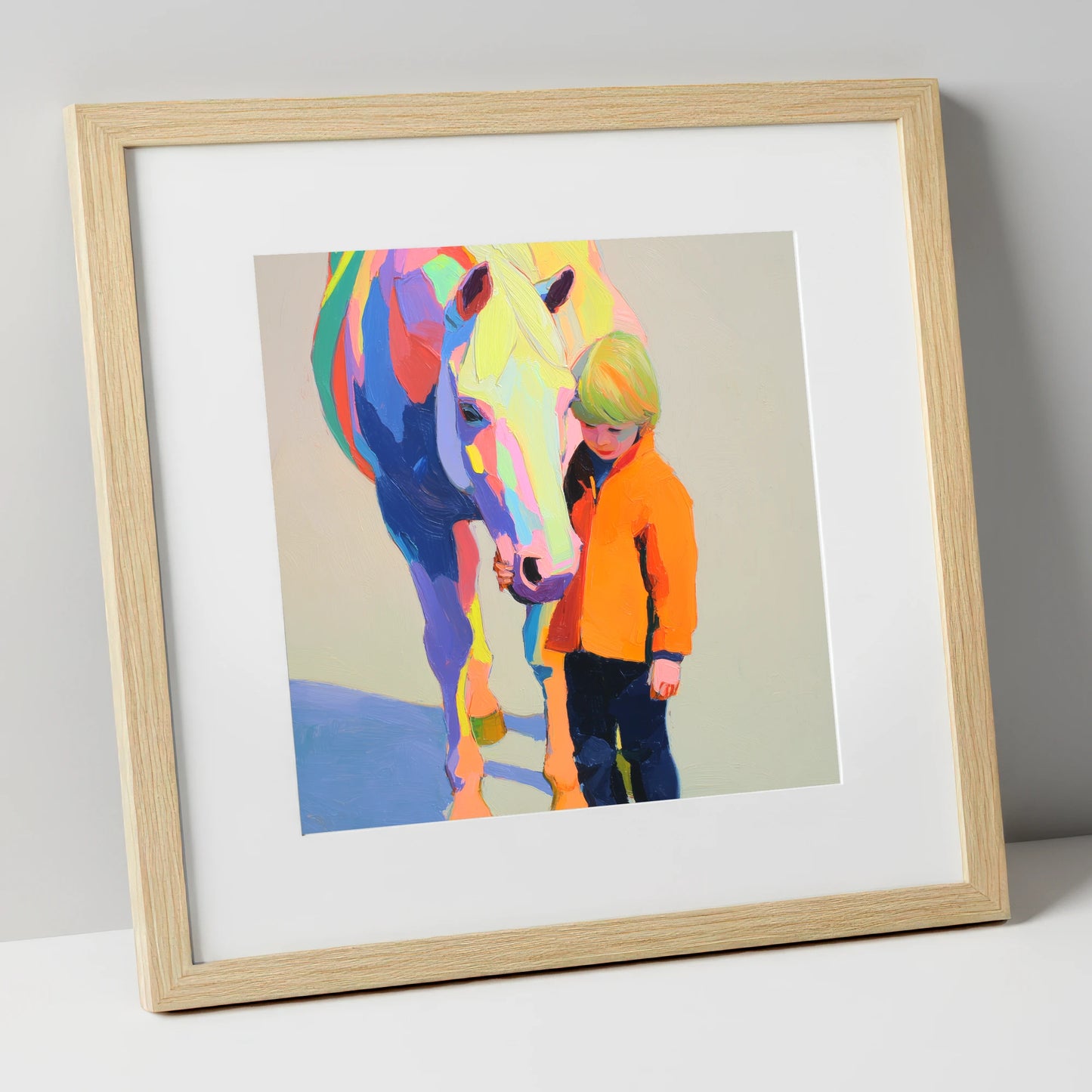 Radiant Bond horse & rider art print in natural frame