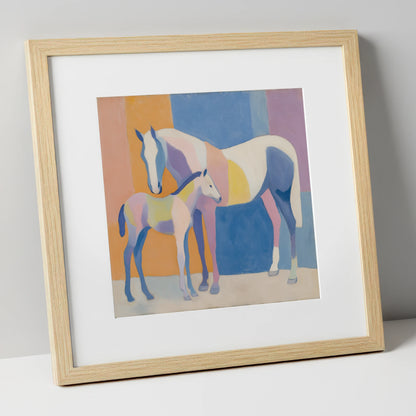 Geometric Equine Harmony mare & foal art print in natural frame