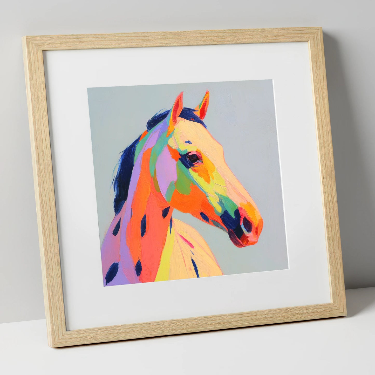 Technicolour Spirit horse breed art print in natural frame