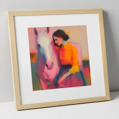 Vivid Embrace horse & rider art print in natural frame