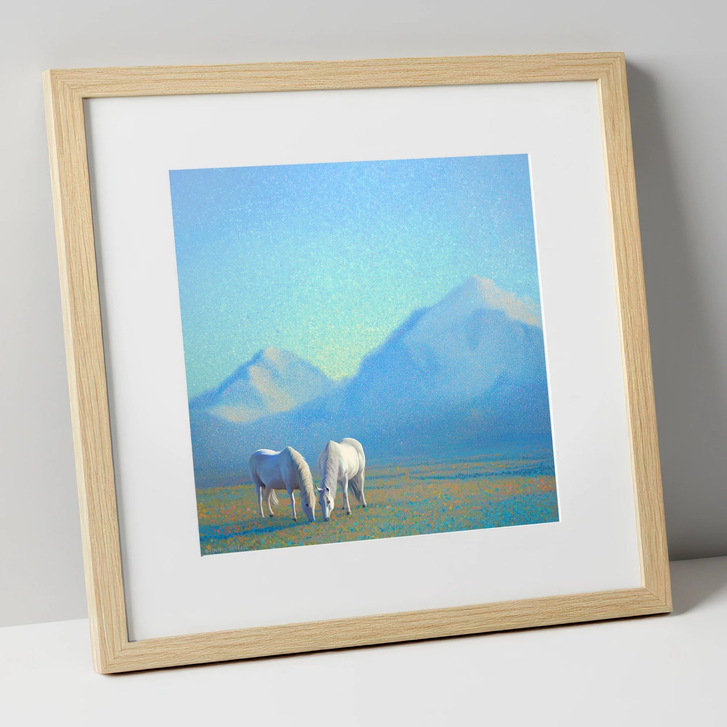 Luminous Mountain Pasture horse landscape art print in natural frame