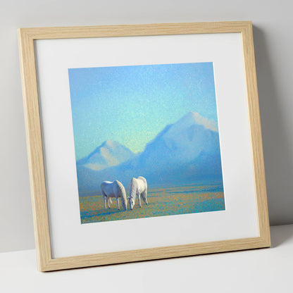 Luminous Mountain Pasture horse landscape art print in natural frame