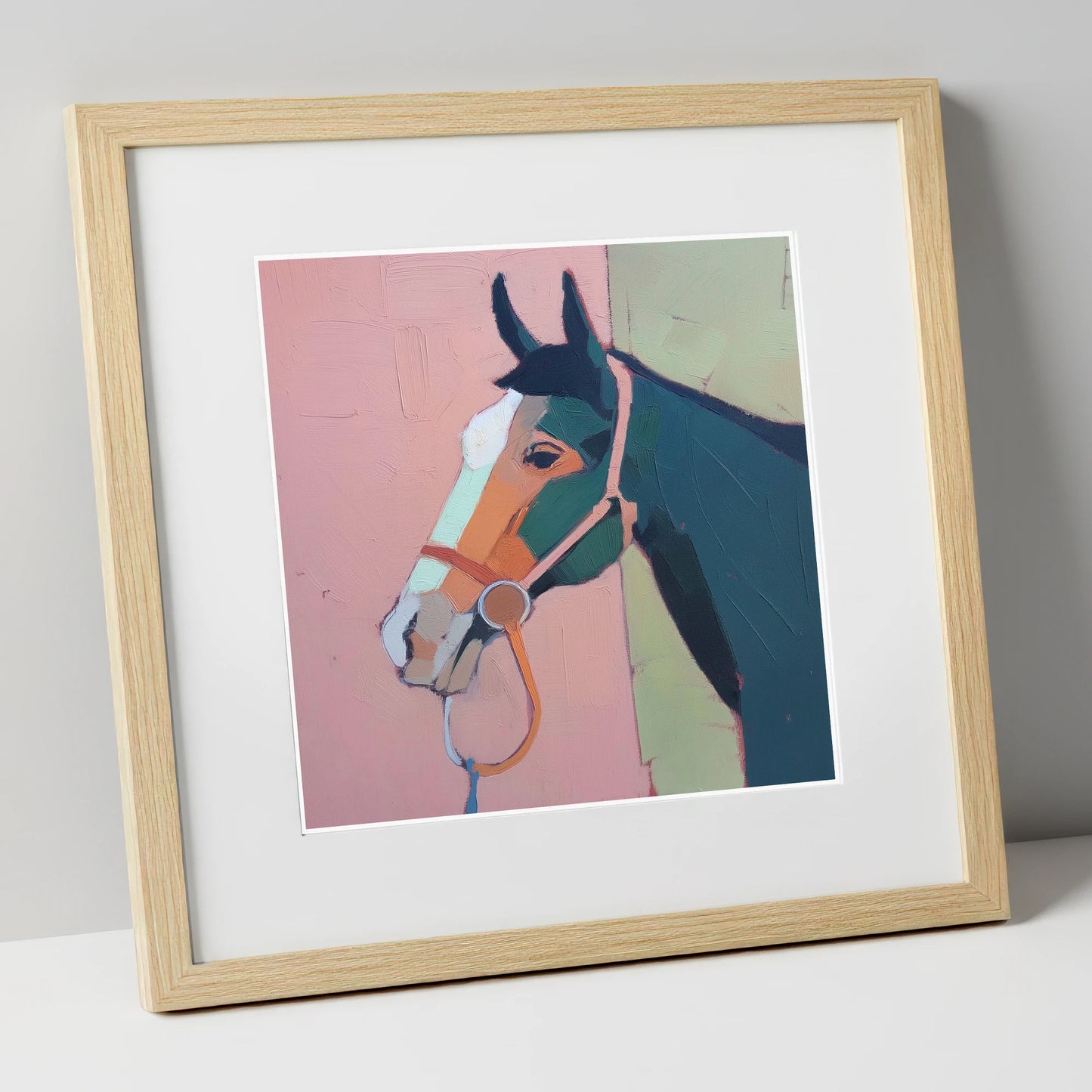 Modern Geometric Profile horse portrait art print in natural frame