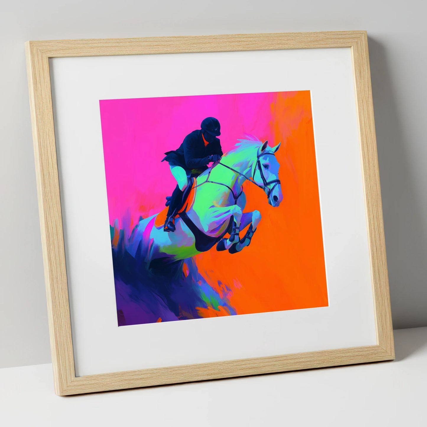 Electric Flight show jumping horse art print in natural frame