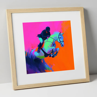 Electric Flight show jumping horse art print in natural frame