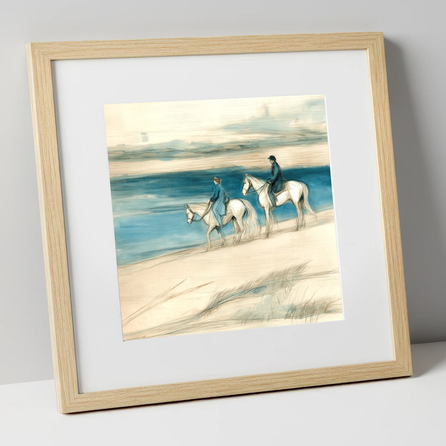 Tide Line Companions beach horse art print in natural frame