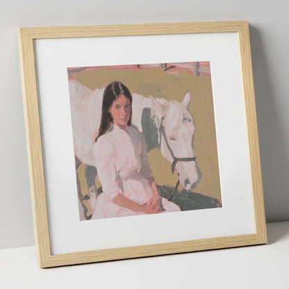 Pastel Companionship horse & rider art print in natural frame