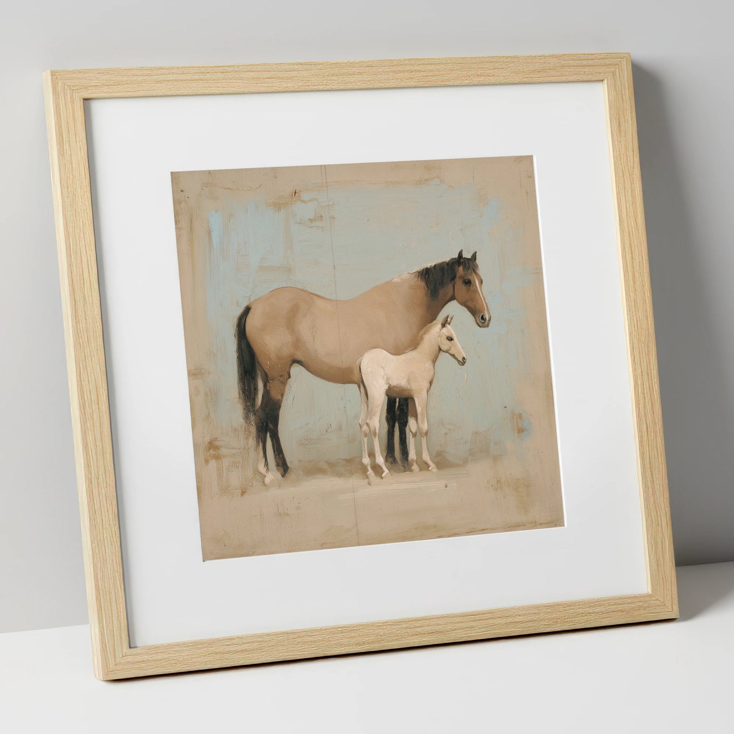 A Quiet Bond mare & foal art print in natural frame