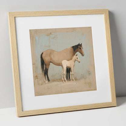 A Quiet Bond mare & foal art print in natural frame
