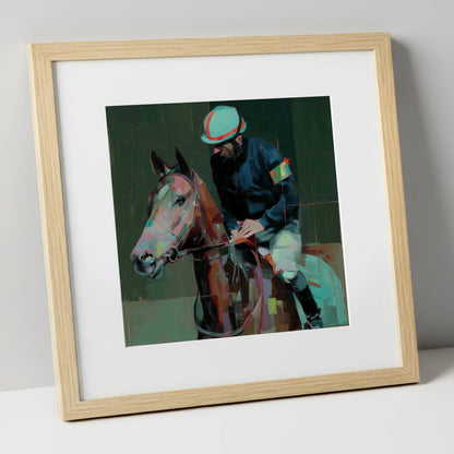 Quiet Intensity racing horse art print in natural frame
