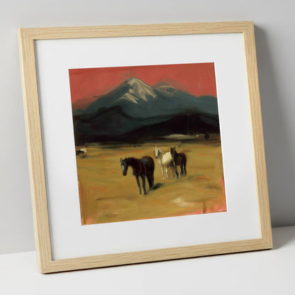 Crimson Sky Pastures horse landscape art print in natural frame