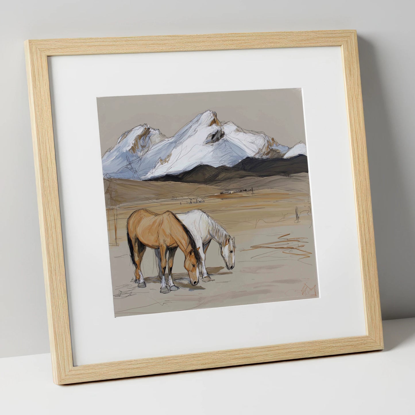 High Country Grazing horse landscape art print in natural frame