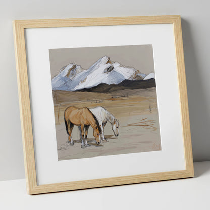High Country Grazing horse landscape art print in natural frame