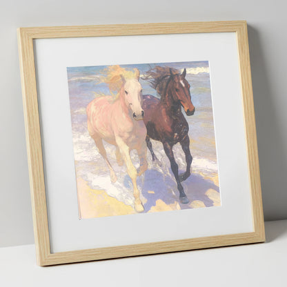 Ethereal Shoreline Canter horse landscape art print in natural frame