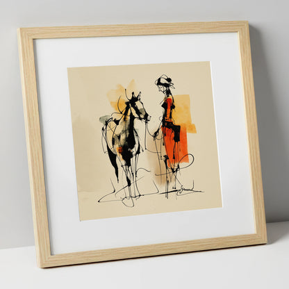 Tethered in Amber horse & rider art print in natural frame