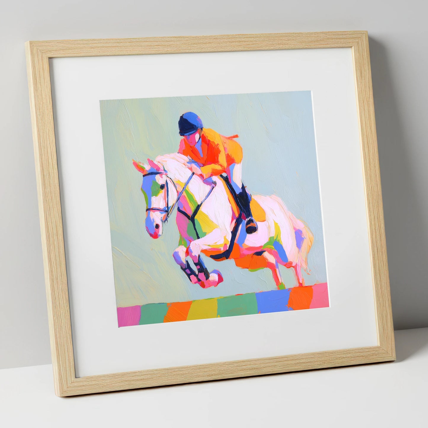 Technicolour Flight show jumping horse art print in natural frame