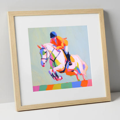 Technicolour Flight show jumping horse art print in natural frame
