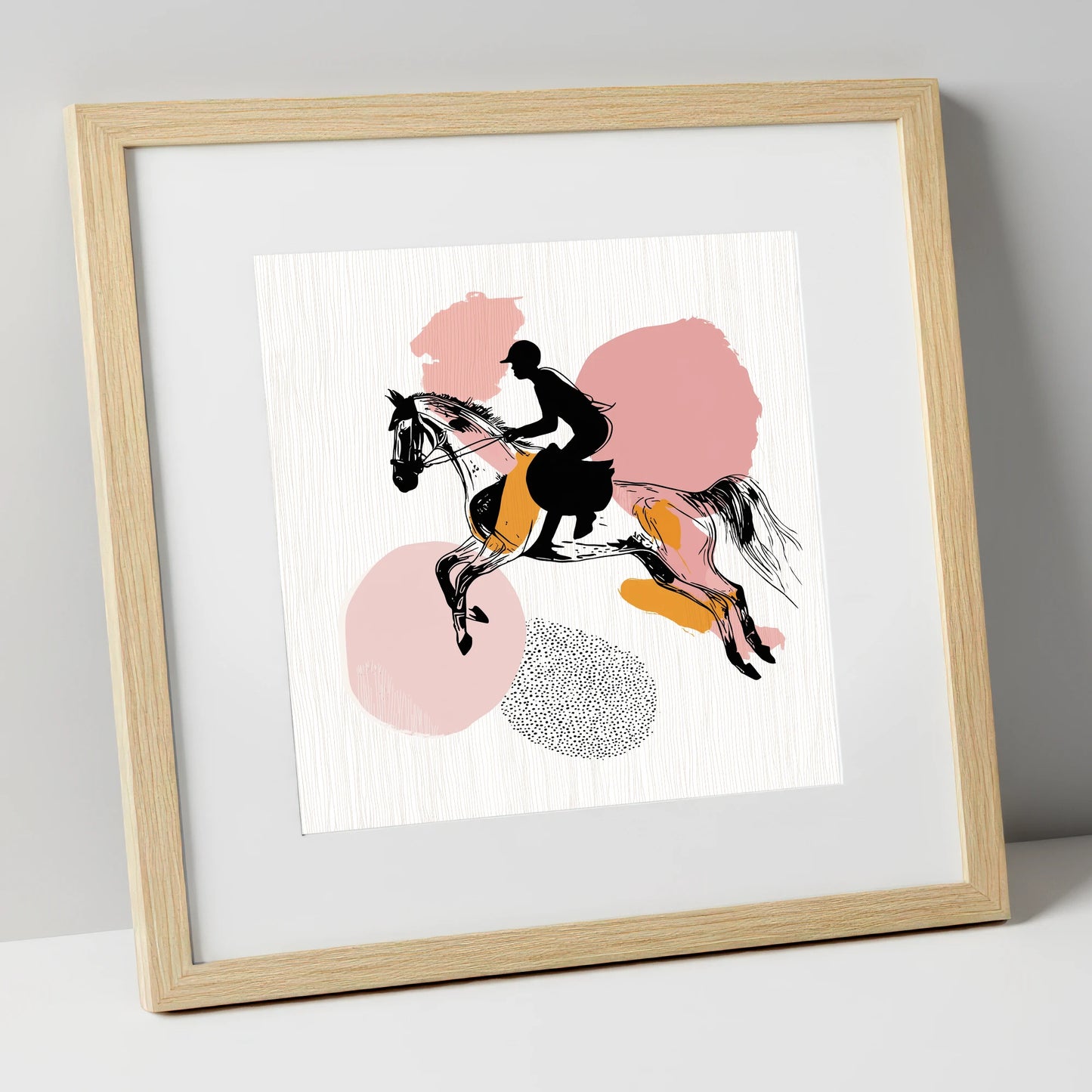 Abstract Equine Flight show jumping horse art print in natural frame