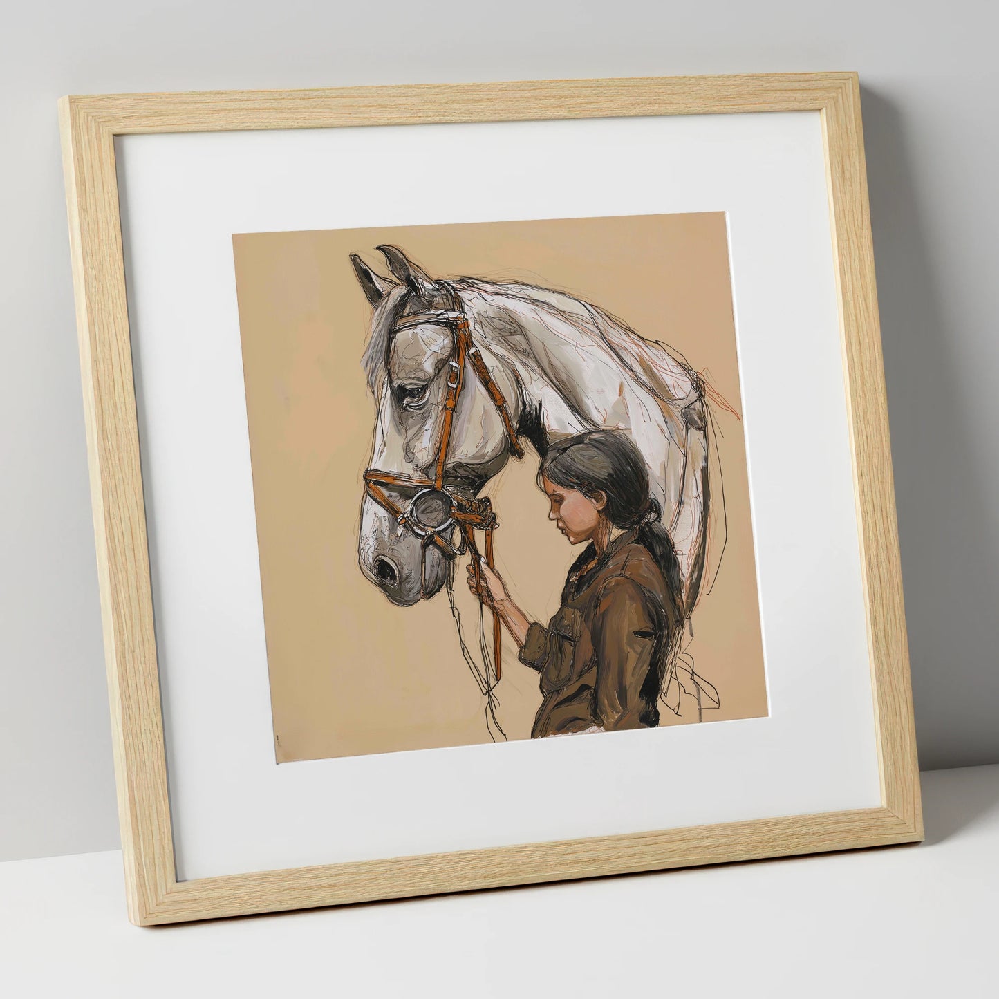 Quiet Connection horse & rider art print in natural frame
