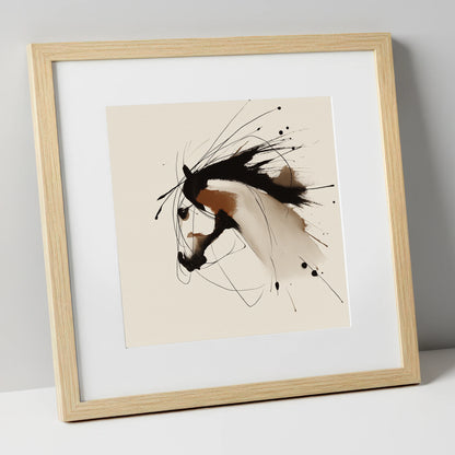 Ink Wash Equine Profile horse portrait art print in natural frame