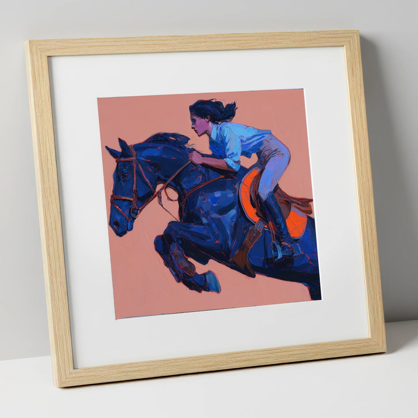 Indigo Flight show jumping horse art print in natural frame