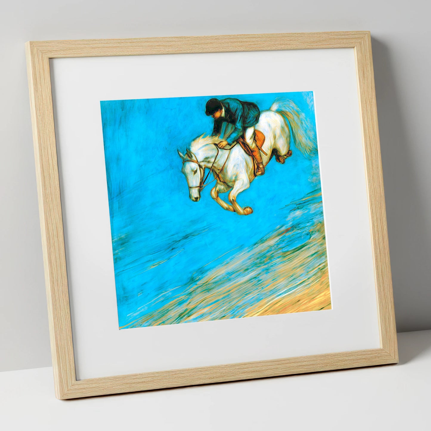 Cerulean Flight show jumping horse art print in natural frame