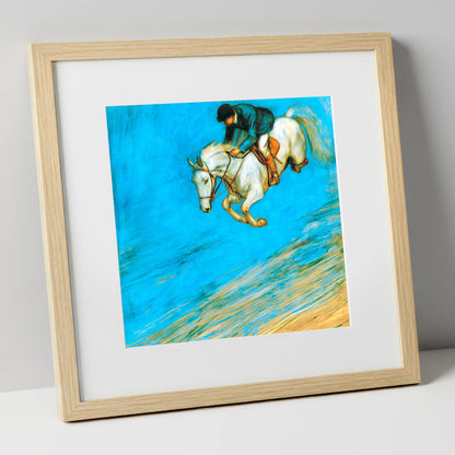 Cerulean Flight show jumping horse art print in natural frame