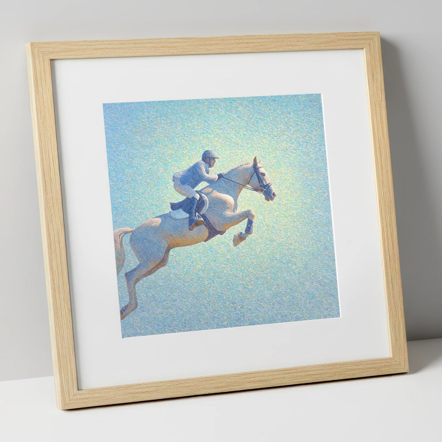 Luminous Ascent show jumping horse art print in natural frame