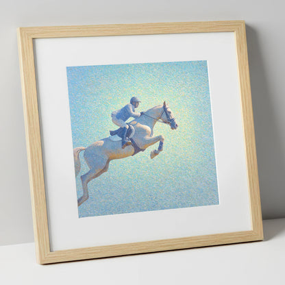 Luminous Ascent show jumping horse art print in natural frame
