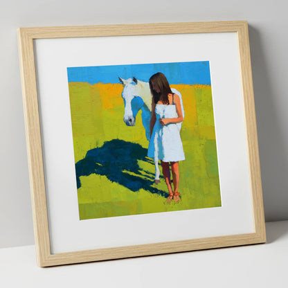 High Summer Shadows horse & rider art print in natural frame