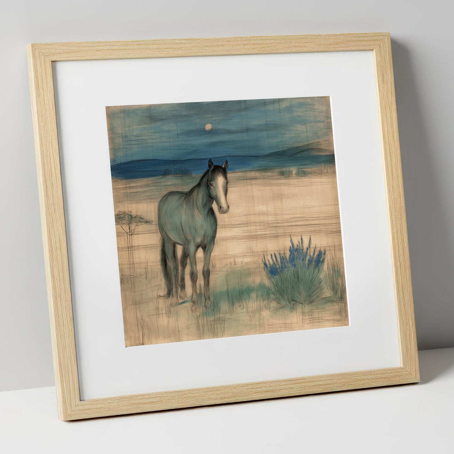 Twilight Moonlit Watch horse landscape art print in natural frame
