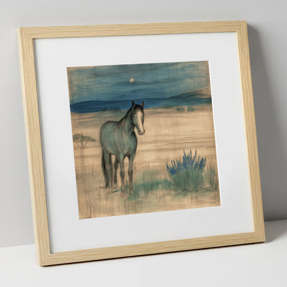 Twilight Moonlit Watch horse landscape art print in natural frame