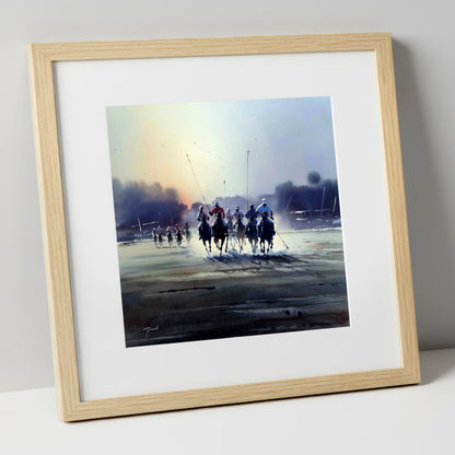 Thundering Polo Charge polo horse art print in natural frame