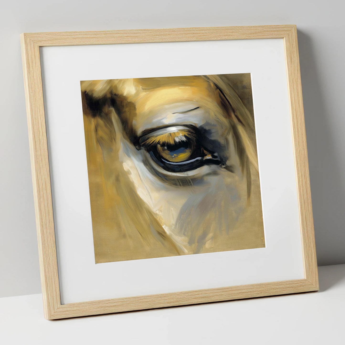 The Amber Gaze horse portrait art print in natural frame