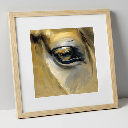 The Amber Gaze horse portrait art print in natural frame