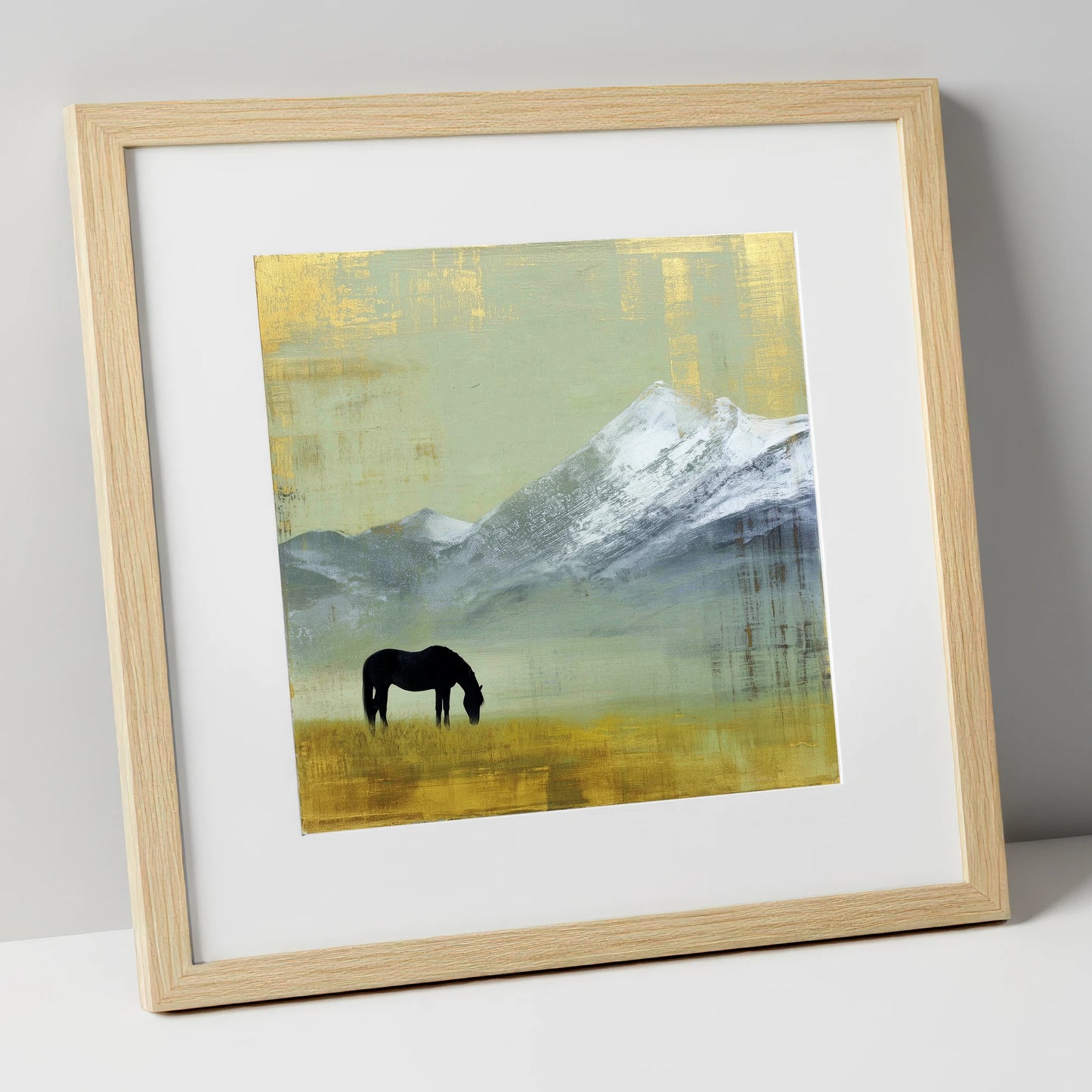 Gilded Mountain Solitude horse landscape art print in natural frame