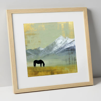 Gilded Mountain Solitude horse landscape art print in natural frame