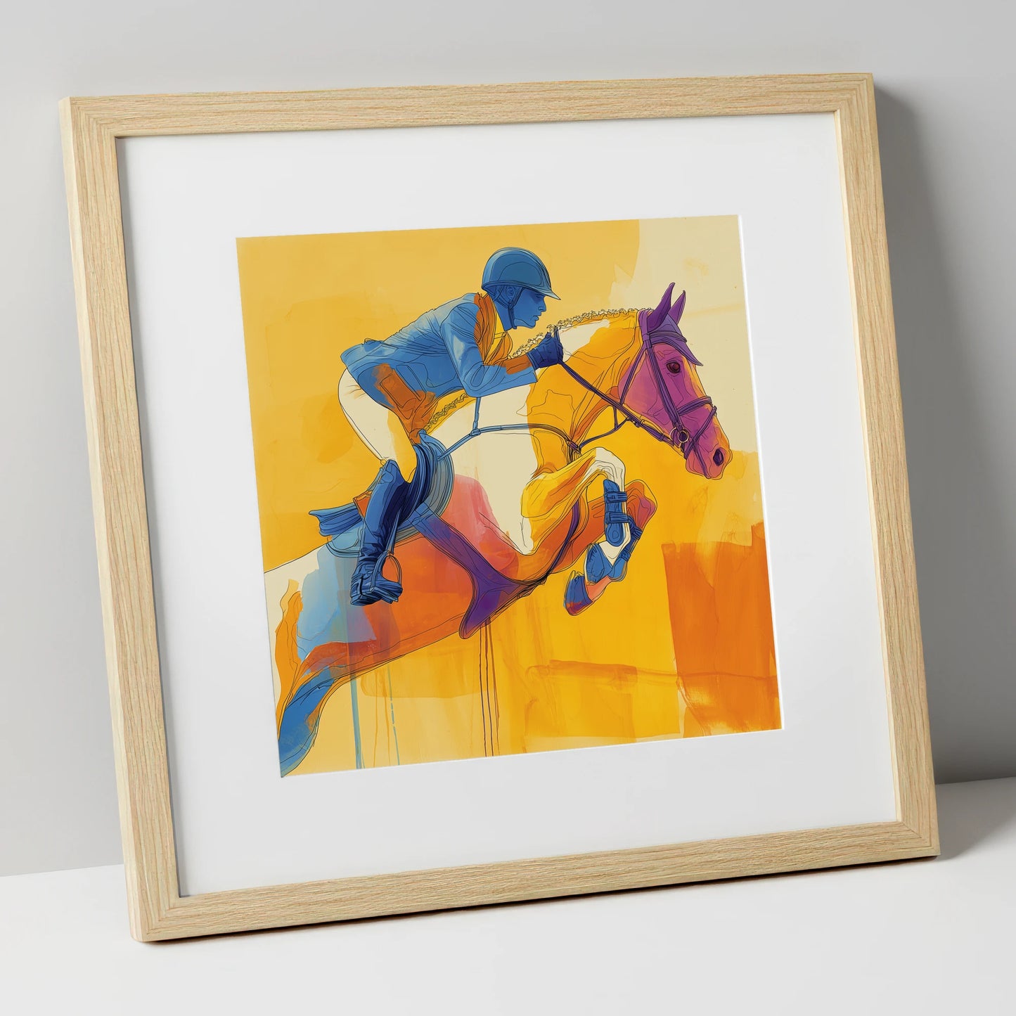 Airborne in Cobalt show jumping horse art print in natural frame
