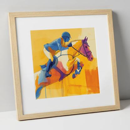 Airborne in Cobalt show jumping horse art print in natural frame