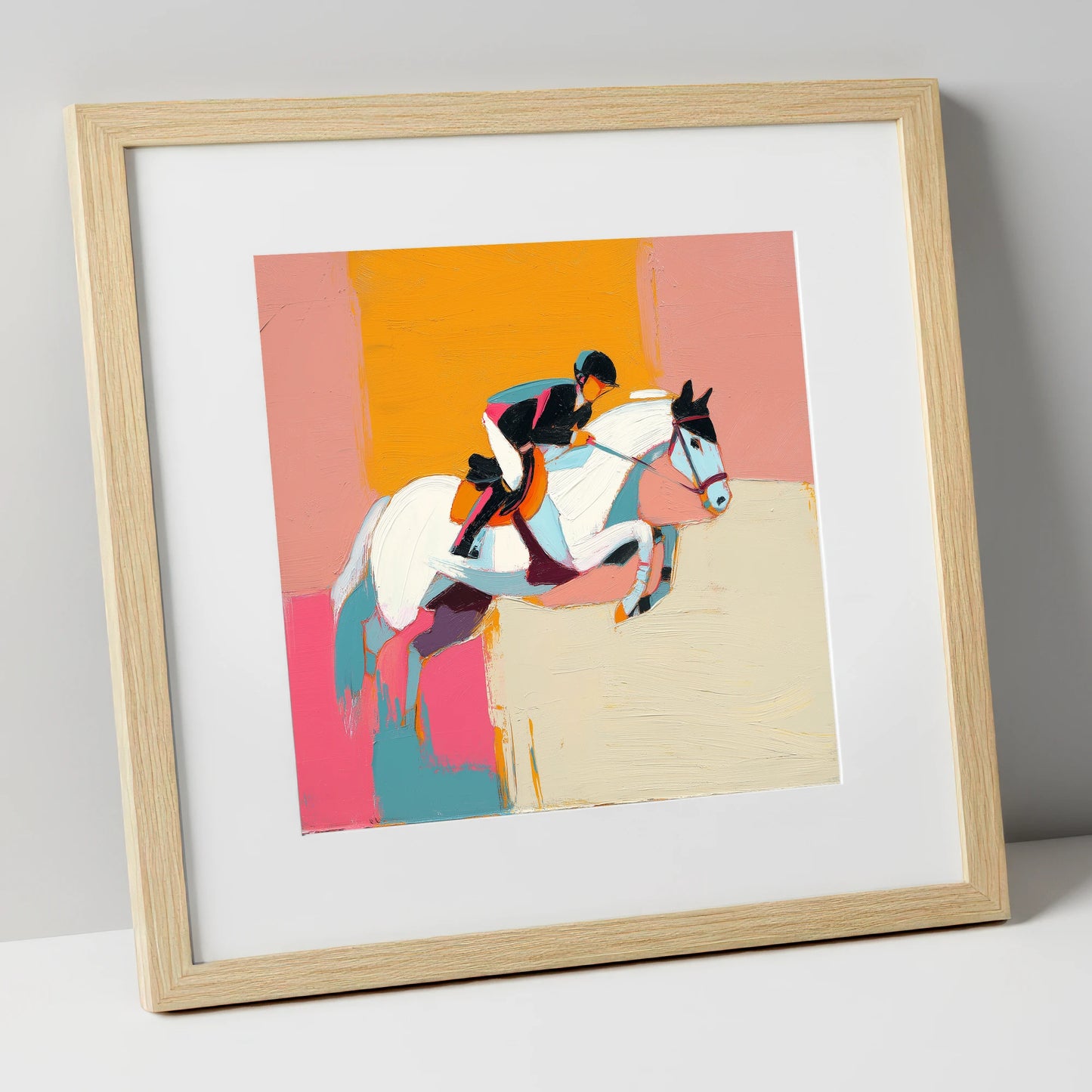 Vibrant Flight show jumping horse art print in natural frame