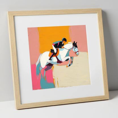 Vibrant Flight show jumping horse art print in natural frame