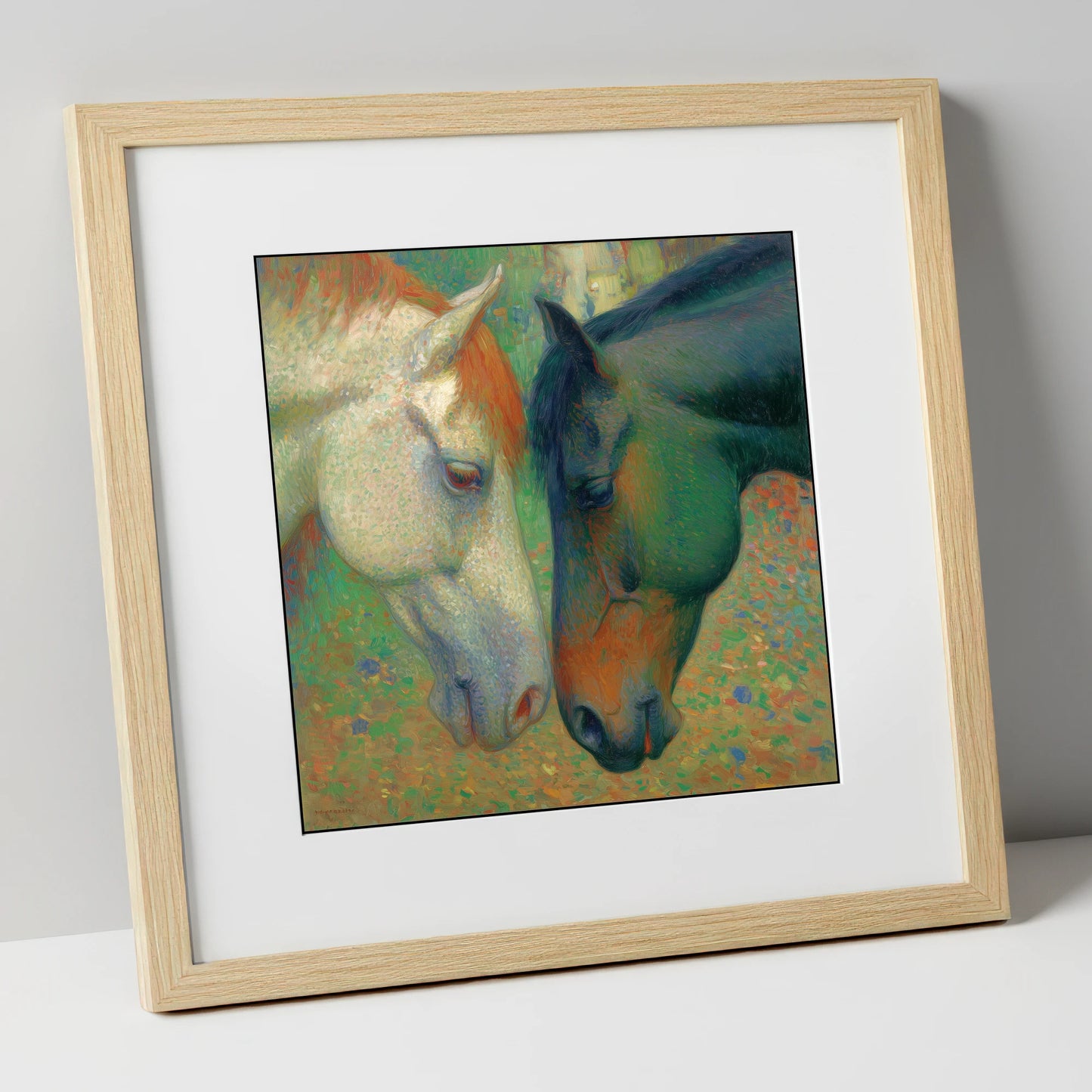 Dappled Companions horse portrait art print in natural frame