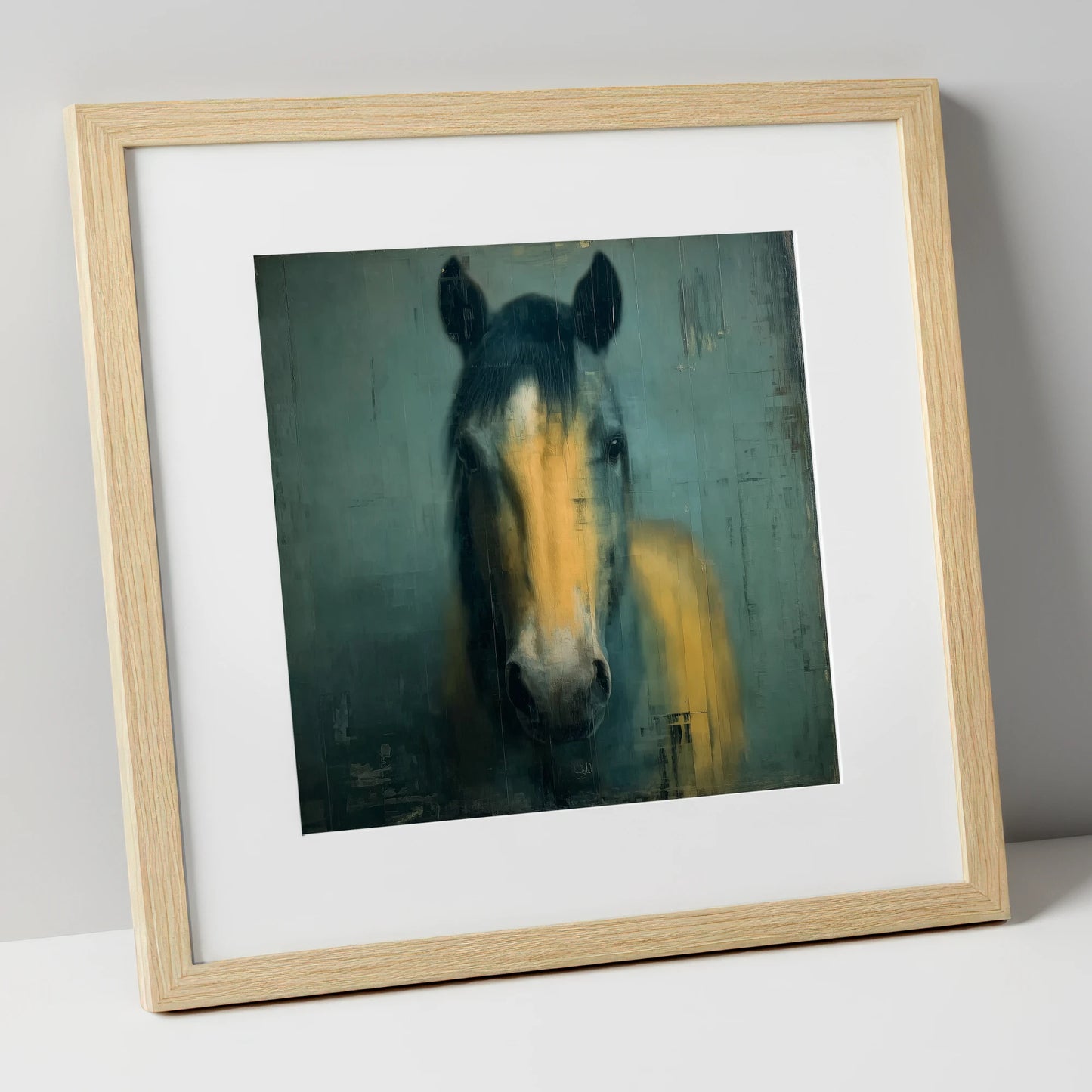 Ochre and Slate horse portrait art print in natural frame